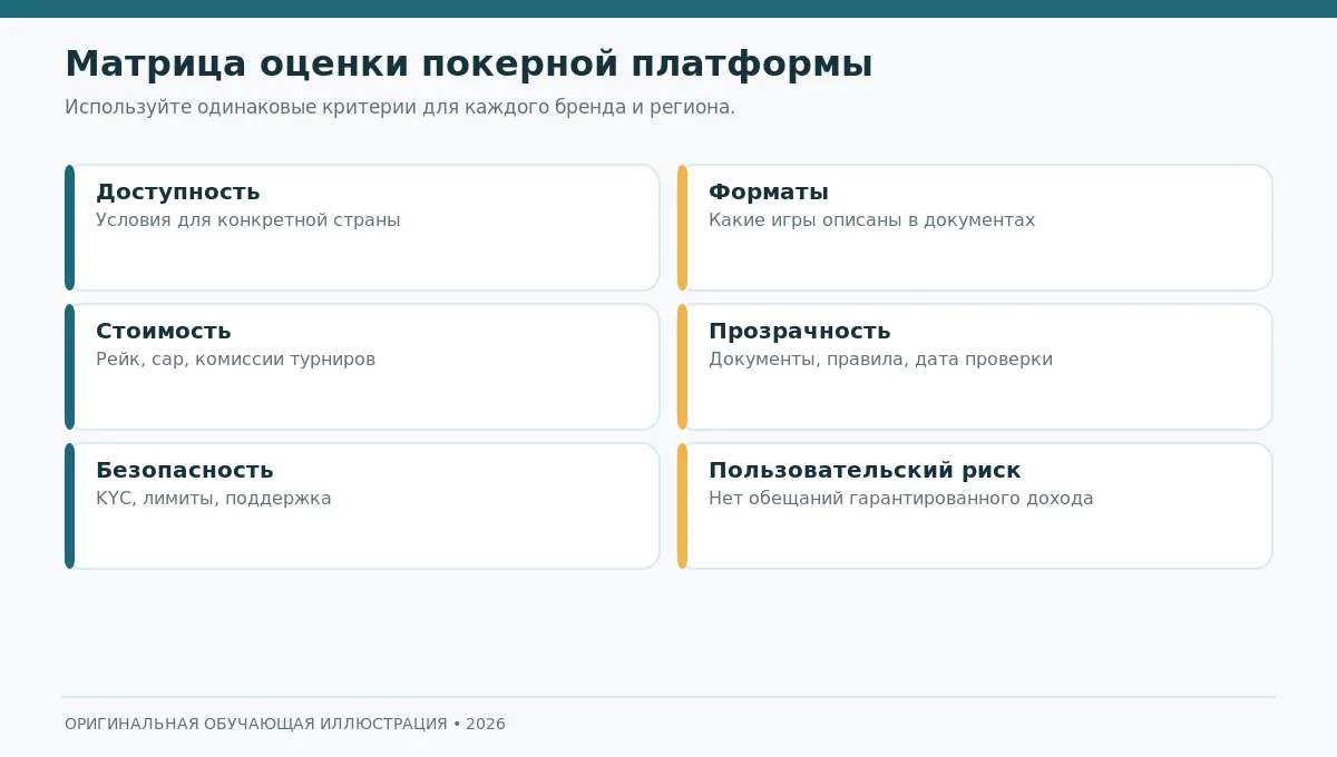 Матрица проверки покерных платформ: доступность, комиссия, форматы, прозрачность и контроль риска