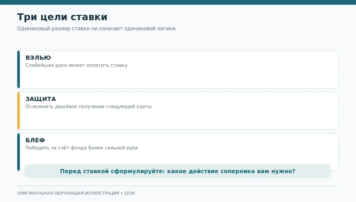 Три цели ставок в покере: добор, защита и блеф