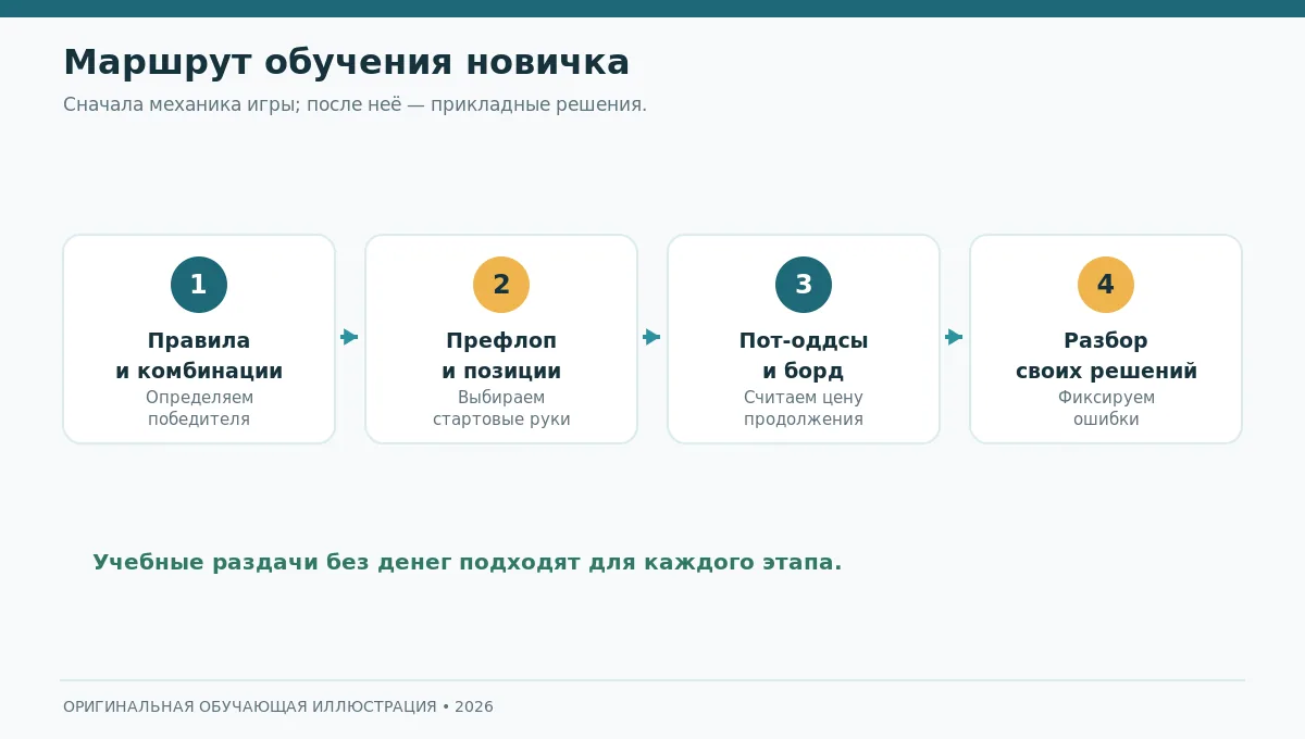 Четырёхэтапный учебный маршрут новичка: правила, префлоп, математика и анализ раздач