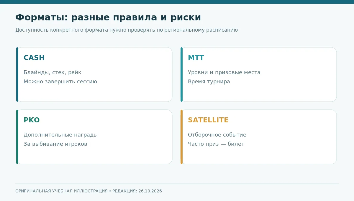 Матрица форматов 888poker: кеш, MTT, PKO и сателлиты с различиями по структуре