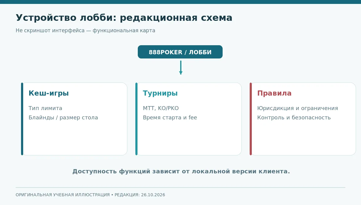 Схема выбора режима в покерном лобби: кеш-игры, турниры, фильтры и предупреждение о юрисдикции