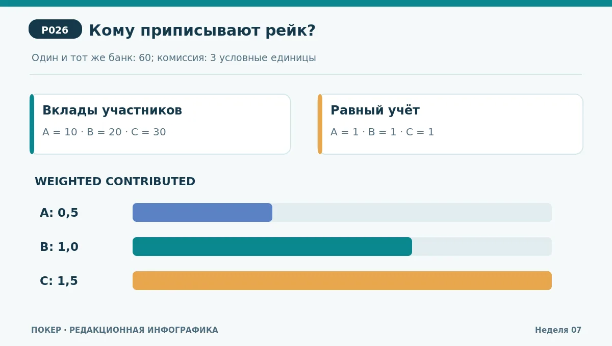 Сравнение равного распределения комиссии и weighted contributed на трёх участниках банка