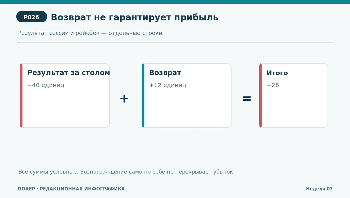 Схема результатов: −40 за столами +12 подтверждённого возврата = −28 общего итога