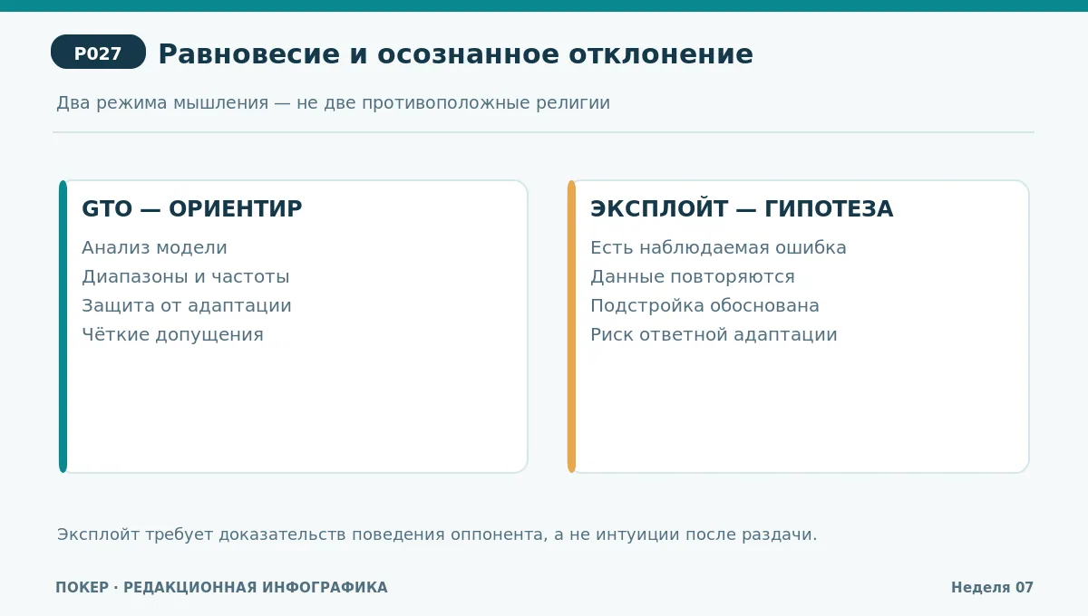 Схема двух сценариев: равновесный ориентир и осторожное отклонение при подтверждённой ошибке соперника