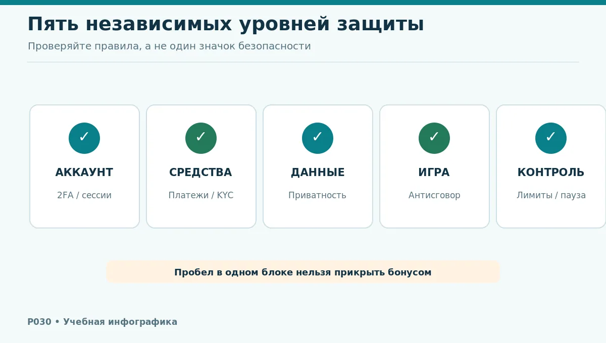 Пять уровней безопасности: аккаунт, средства, данные, честность игры и самоограничение