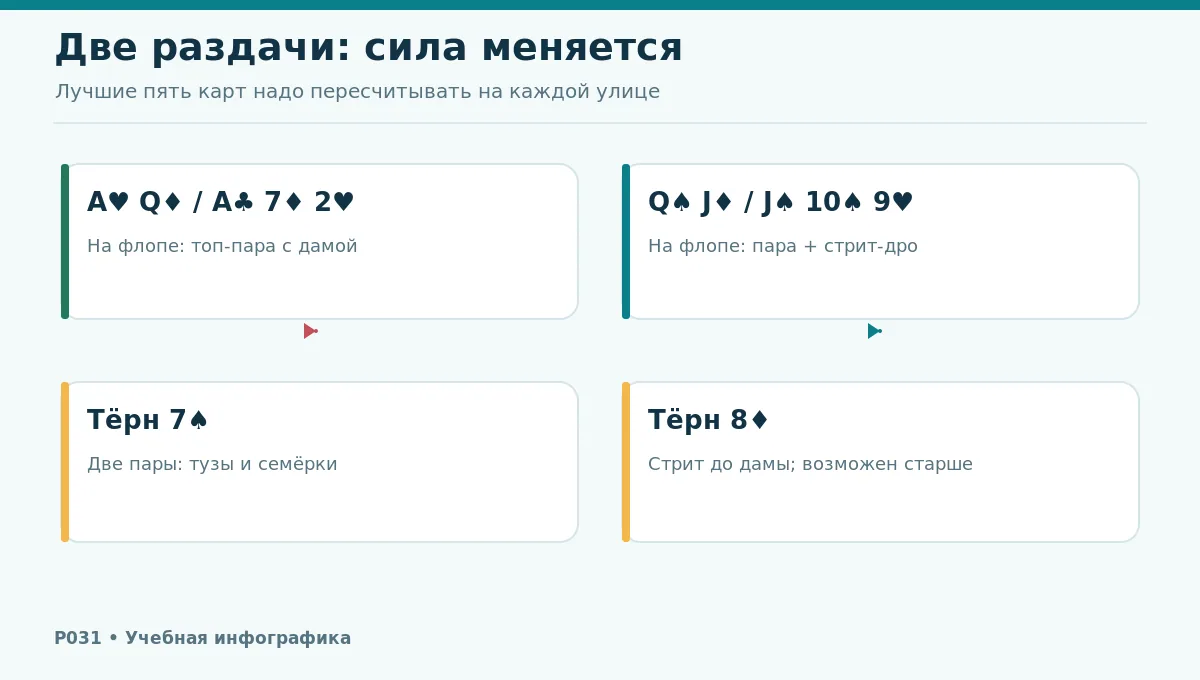 Две учебные раздачи с пометками топ-пары, двухстороннего стрит-дро и смены лучшей руки на тёрне