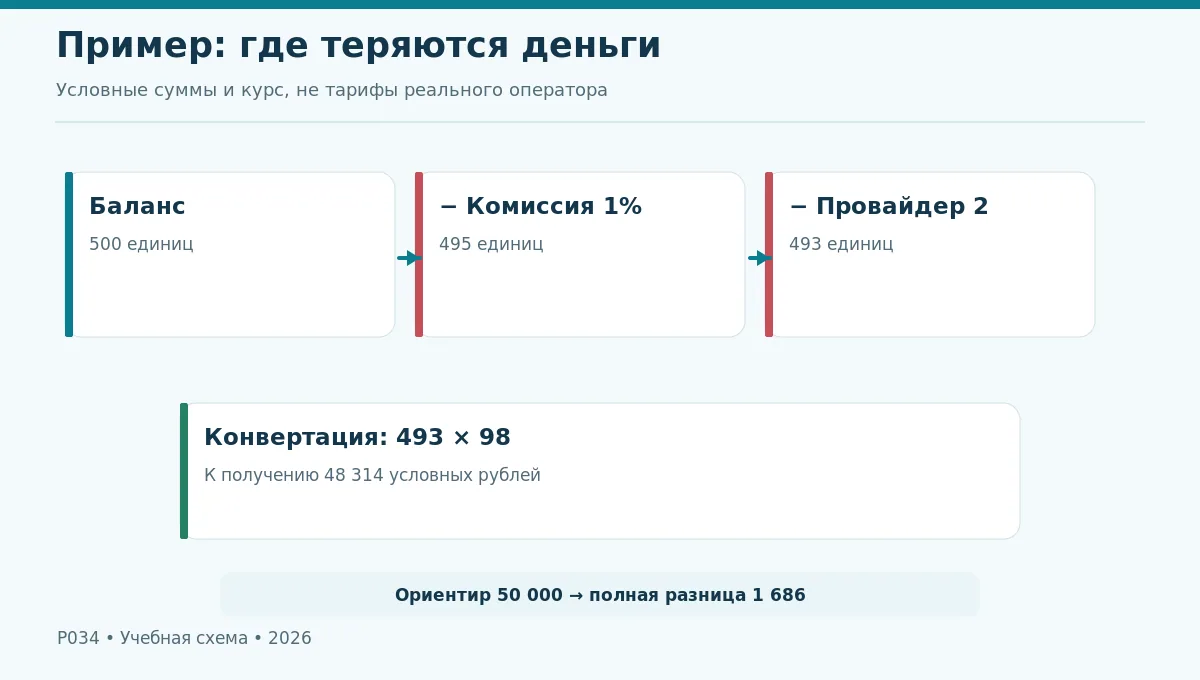 Водопад условного расчёта 500 единиц: комиссия рума, провайдер, курс и итог