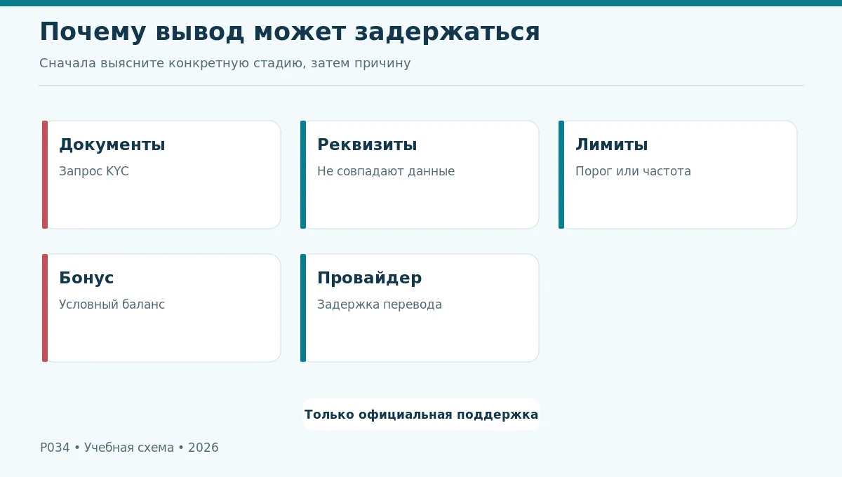 Дерево причин задержки: проверка документов, лимиты, реквизиты, бонусные условия и платёжный этап