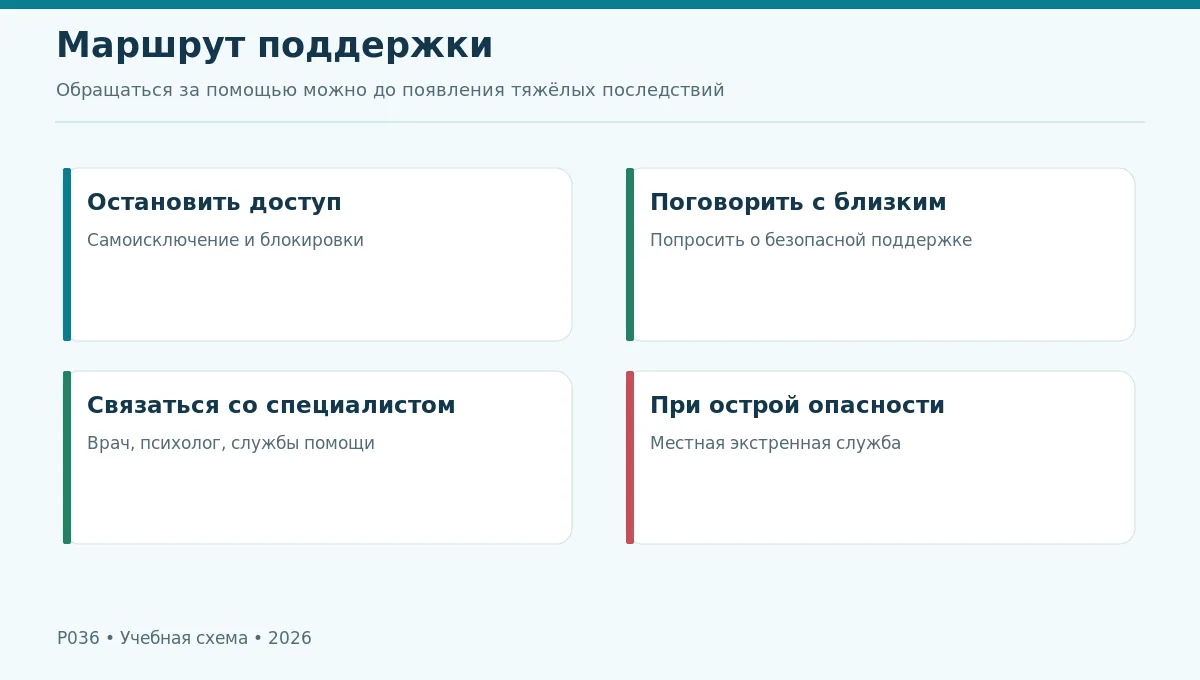 Маршрут помощи: разговор с близким, прекращение доступа, медицинский специалист и экстренная помощь при угрозе