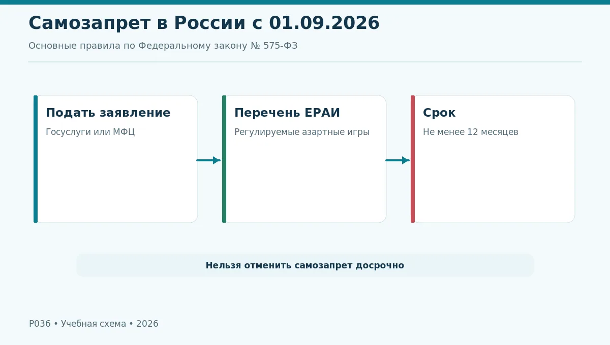 Схема самозапрета: заявление через Госуслуги или МФЦ, перечень ЕРАИ, срок от 12 месяцев