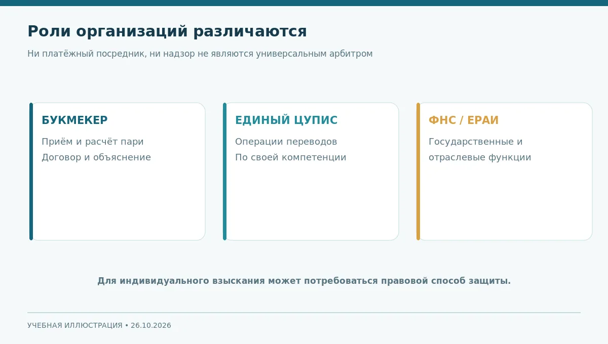 Схема ролей участников: букмекер отвечает за рынок и расчёт, ЦУПИС за свою часть переводов, надзор за соблюдение требований
