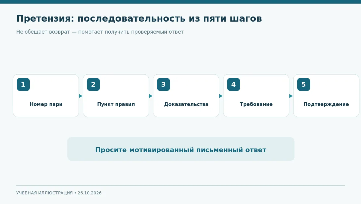 Пять шагов формирования проверяемой претензии: идентификация пари, правило, доказательства, требование, фиксация отправки