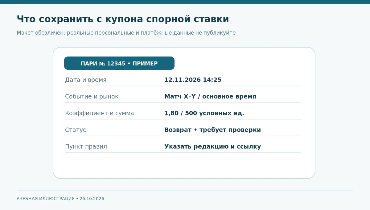 Макет обезличенного купона ставки с подписями ключевых полей, необходимых для претензии