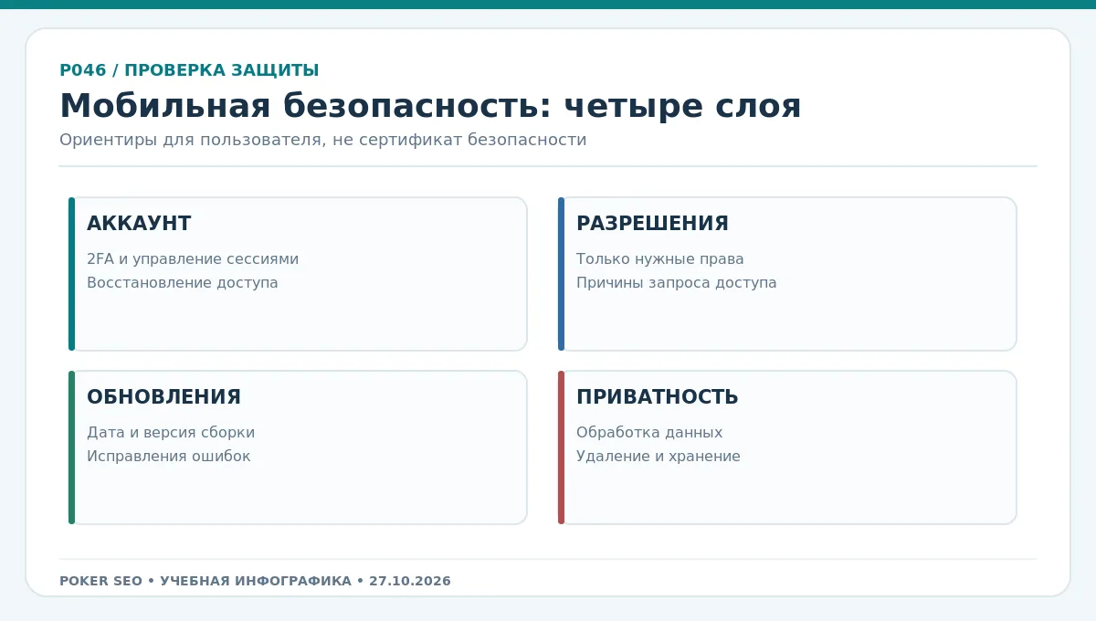 Матрица мобильной безопасности: защита входа, разрешения, обновления и приватность