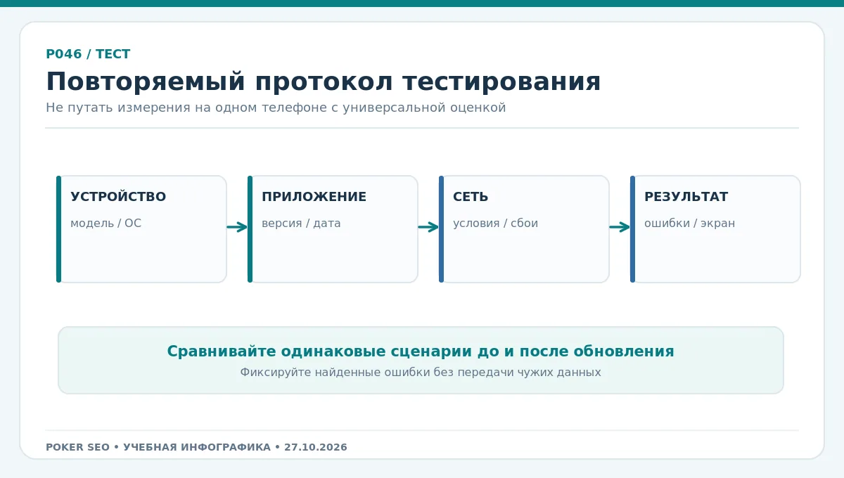 Схема тестирования: устройство, версия, сеть, UX и фиксация неполадок