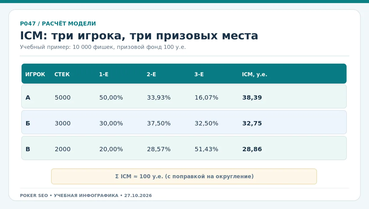 ICM-модель трёх игроков: стеки, шансы на места и ожидаемая выплата